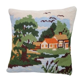 Vintage Needlepoint Cross Stitch Pillow House Cottage Cabincore Handmade Art